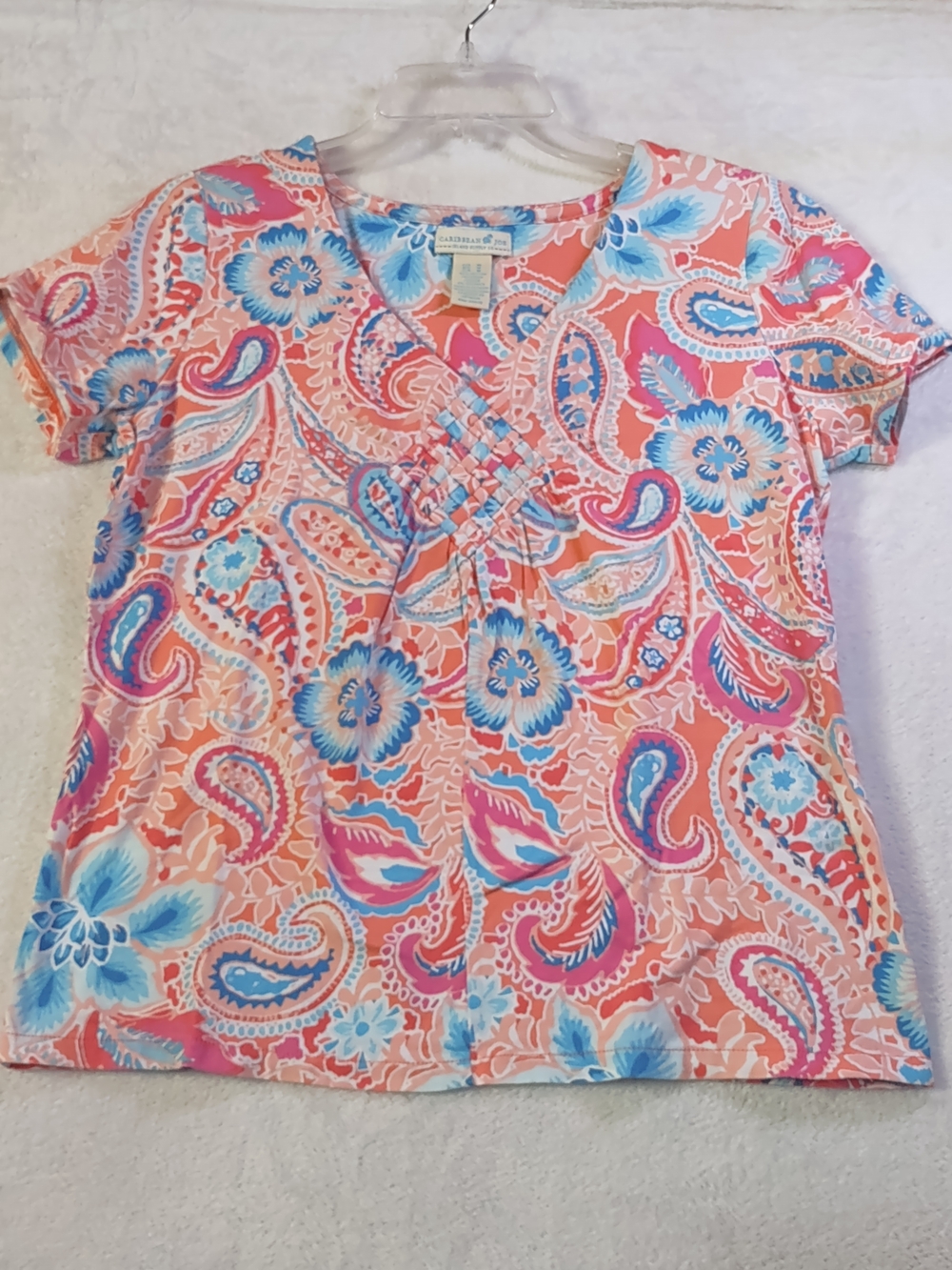 Caribbean Joe Coral, Blue & White Floral Print Top